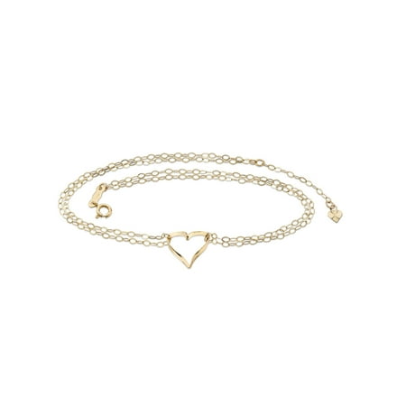Double Rolo Link Rolo-Link Double Strand Heart Charm Ankle Bracelet in Solid 14k Yellow Gold 9
