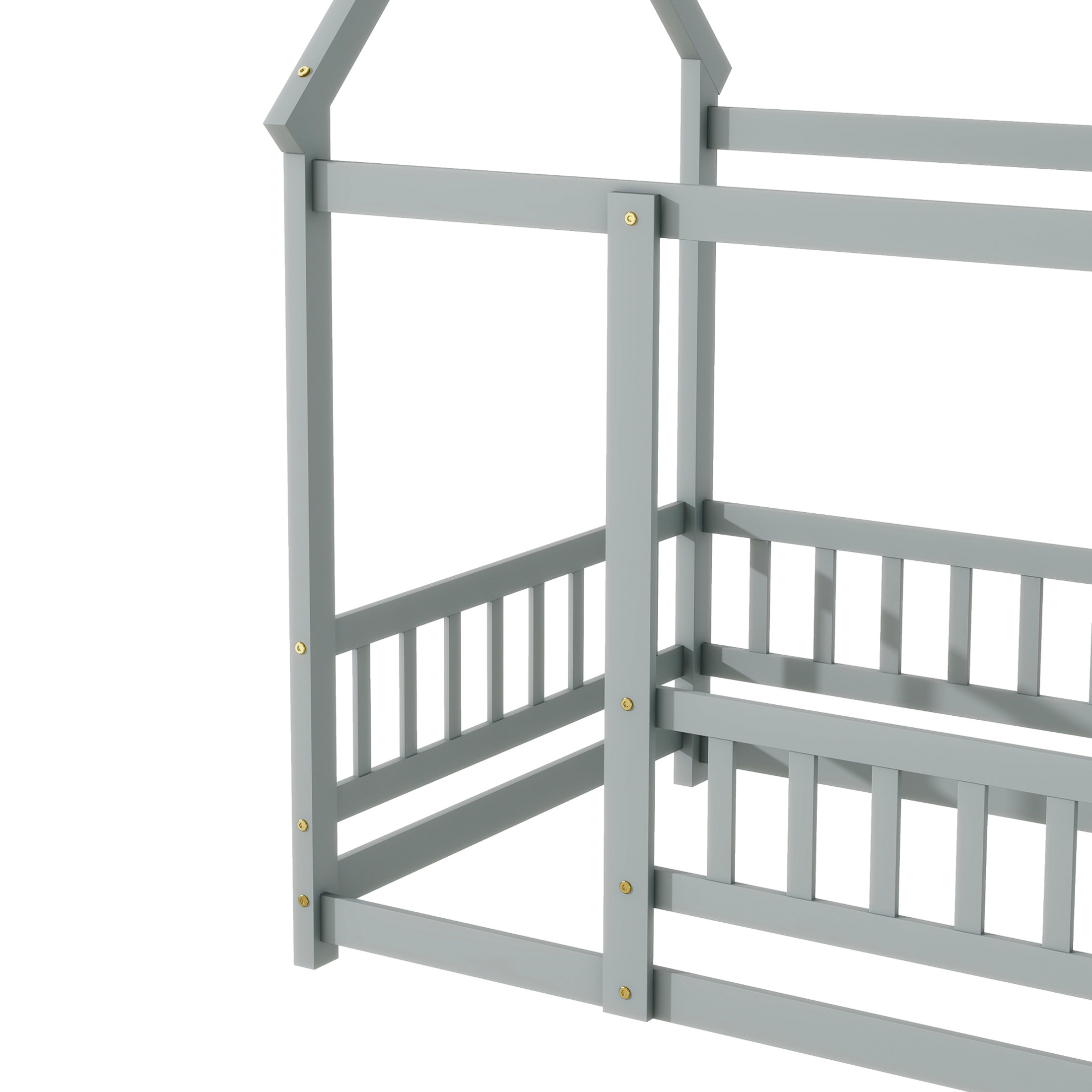 Noble House Gaiety Twin Size House Floor Bed for Kids, Rubber Wood Frame with Roof and Fence Guardrails, Grey