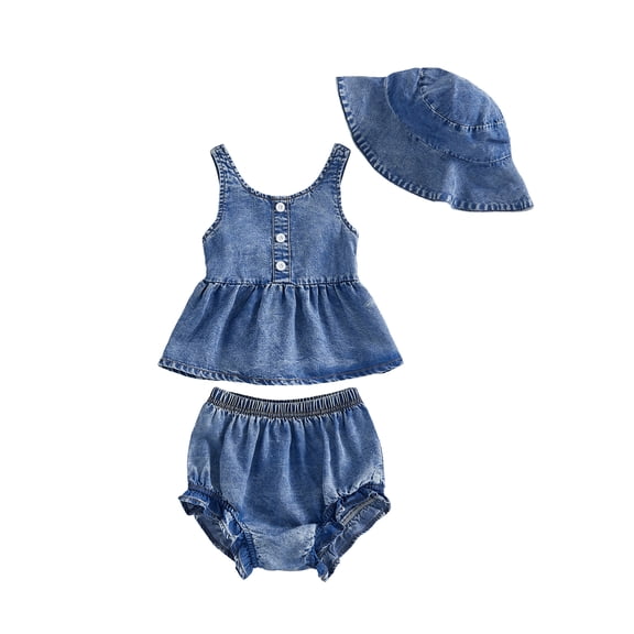 BemeyourBBs Toddler Baby Girl Denim Outfit Summer Clothes Sleeveless Babydoll Tank Tops Ruffle Jeans Shorts Set Sun Hat 3 Piece Cute Infant Girls Clothes