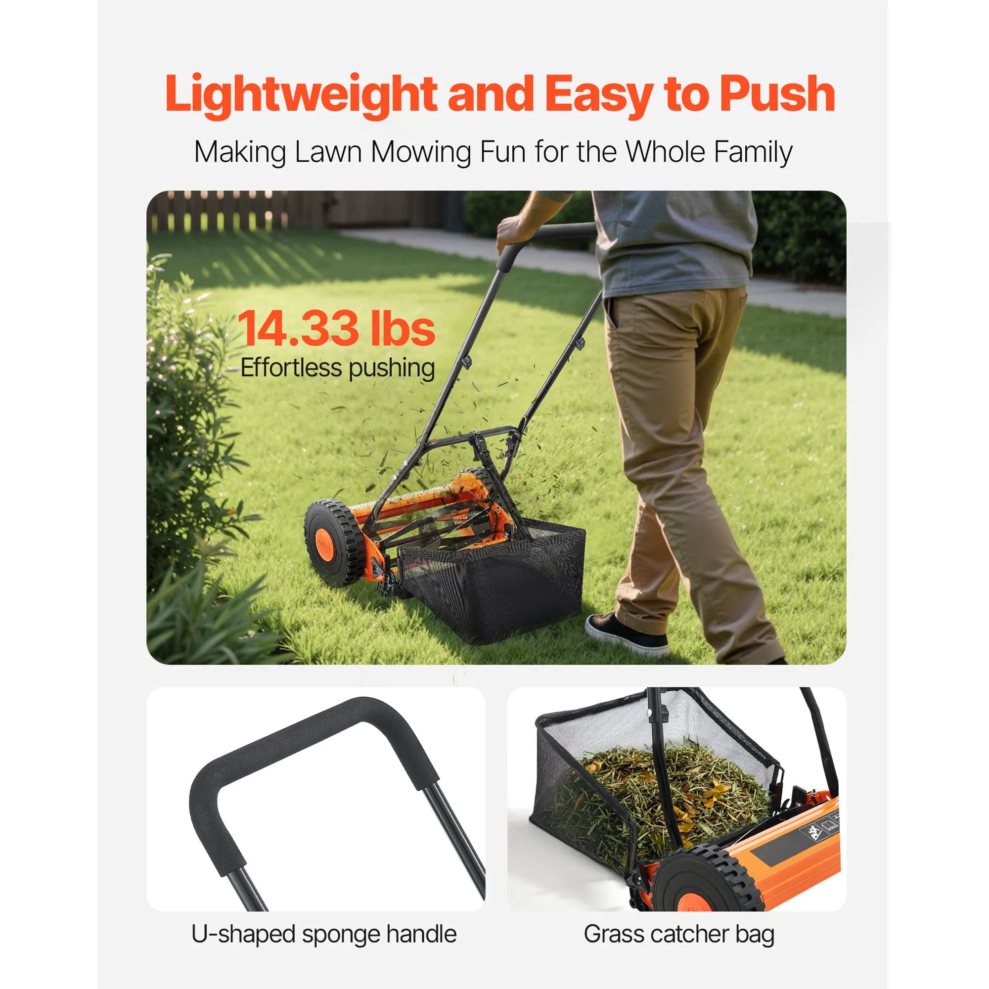 14-Inch Push Reel Lawn Mower with 5 Blades,Manual Walk-Behind Design,Adjustable Cutting Height 0.6-1.75 Inches,Grass Catcher Bag for Lawns and Courtyards