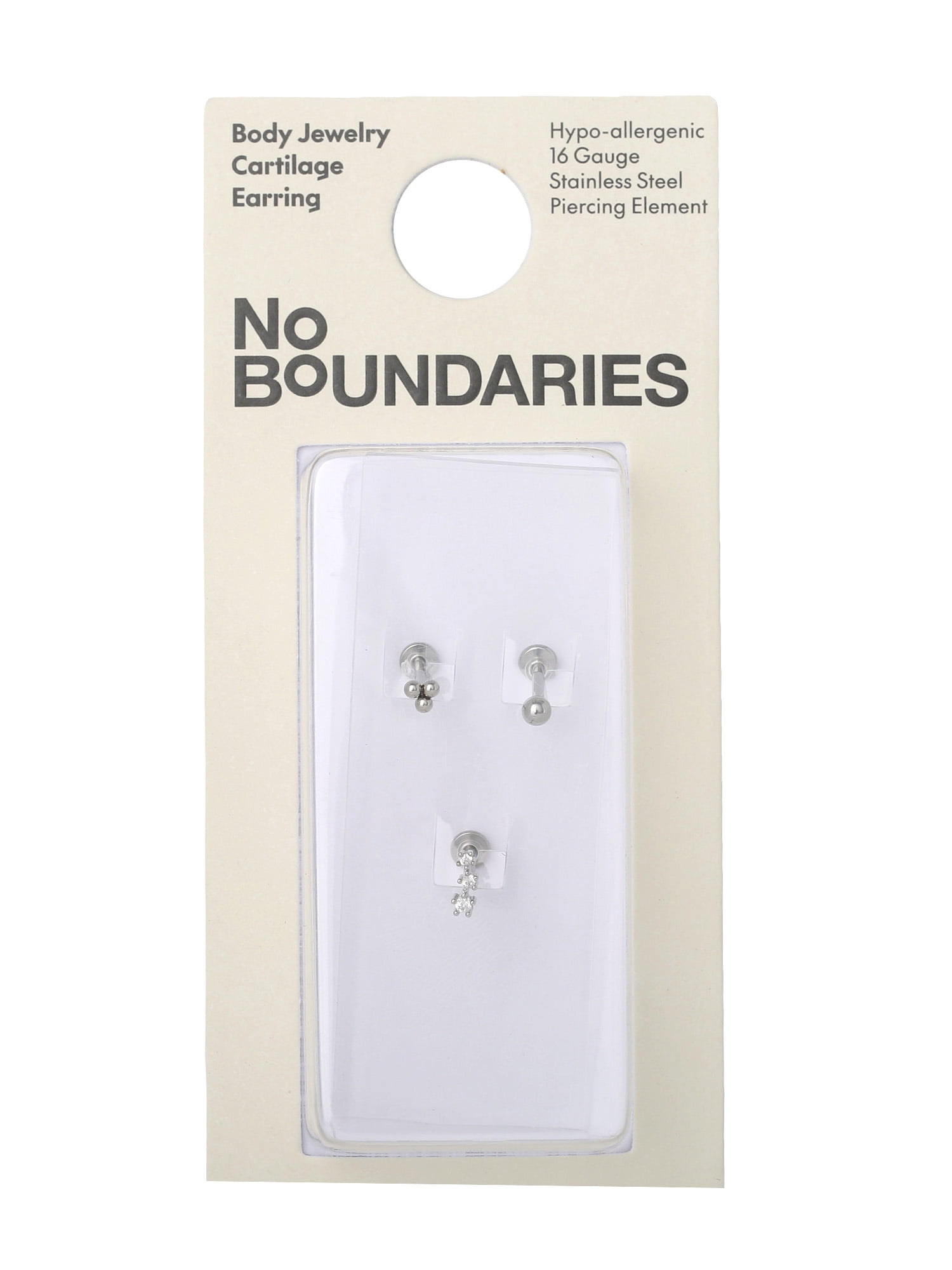 No Boundaries Women's CZ Cartilage Stud Pack, Stainless Steel, 3-Piece Set