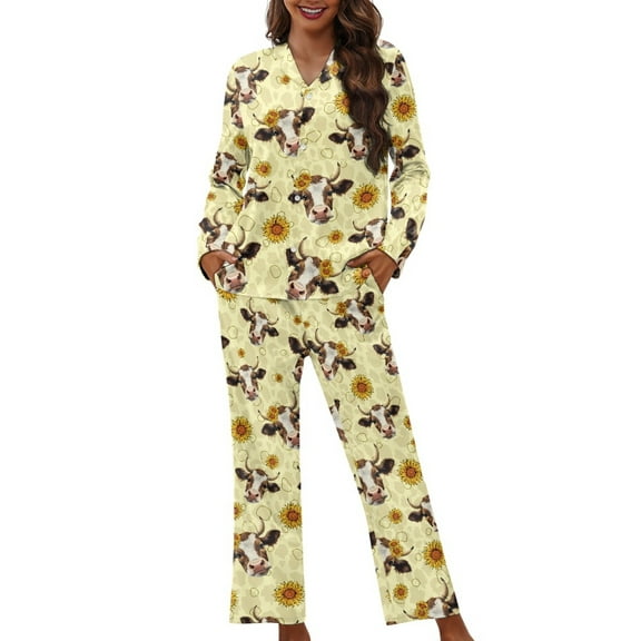 DISNIMO Cow Sunflower Print Women Pajama Sets 2 Piece Pj Lounge Sets Long Sleeve Sleepwear with Long Pants Casual Loose Nightwear with Pocket Button Down Loungewear, XS