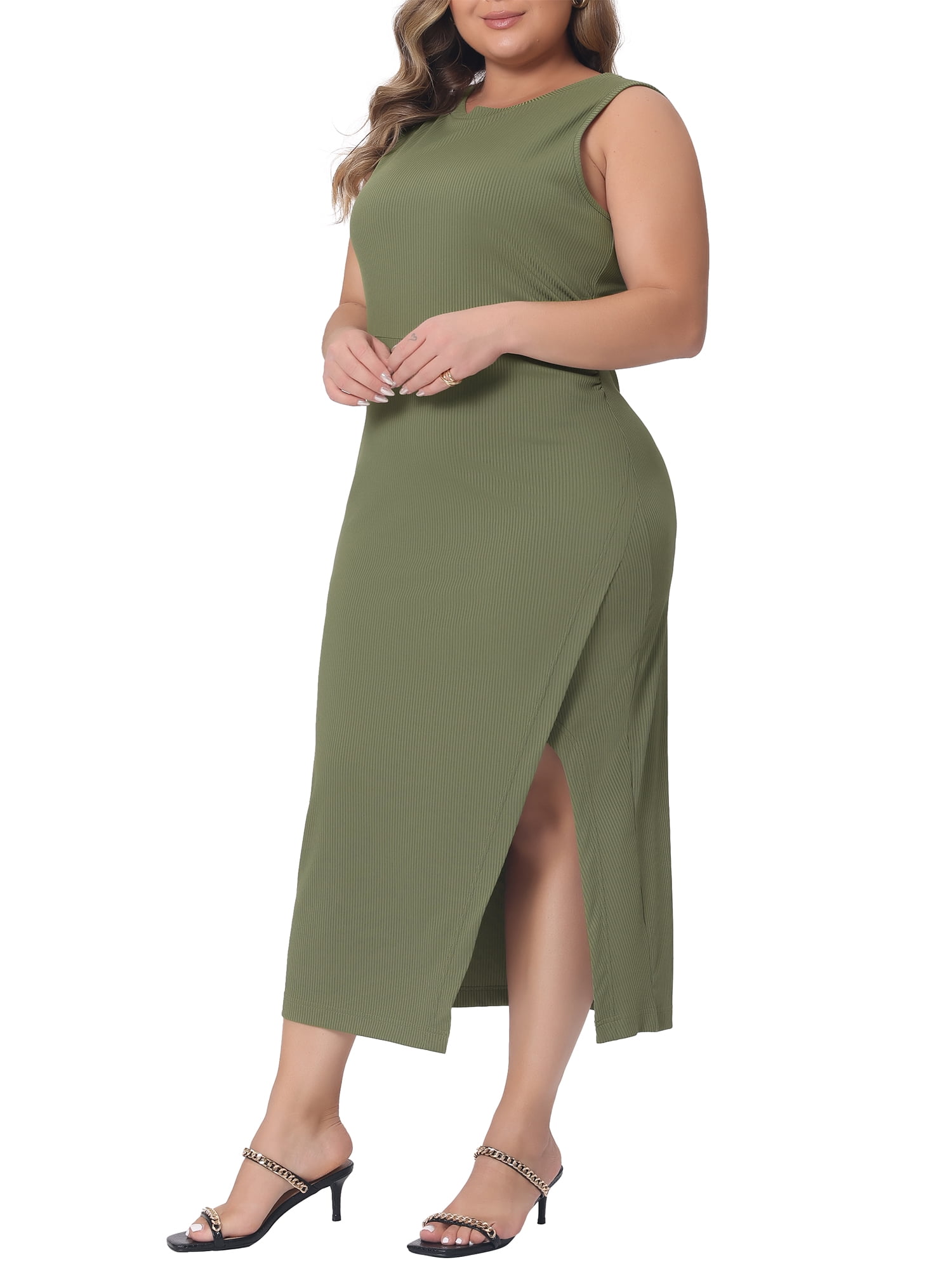 Unique Bargains Women's Plus Size Elegant Knit Slit Tank Midi Ruched Bodycon Dresses 2X Army Green