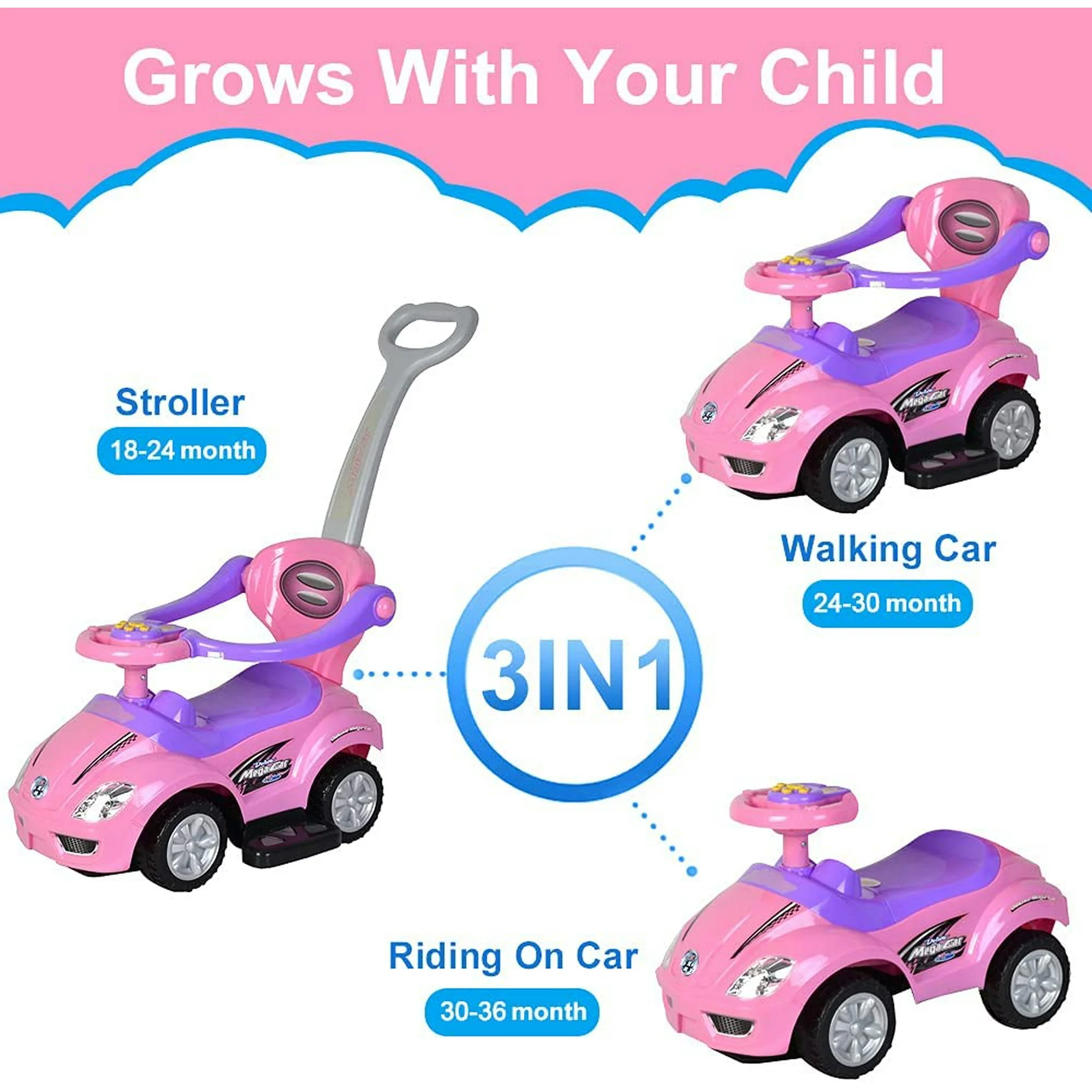 ChromeWheels 3 in 1 Ride on Toys Pushing Car Pink