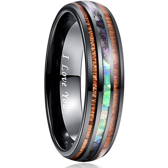6mm Hawaiian Koa Wood Tungsten Rings Dome Abalone Shell Center Wedding Bands for Men Women Comfort Fit Size 7 to 17