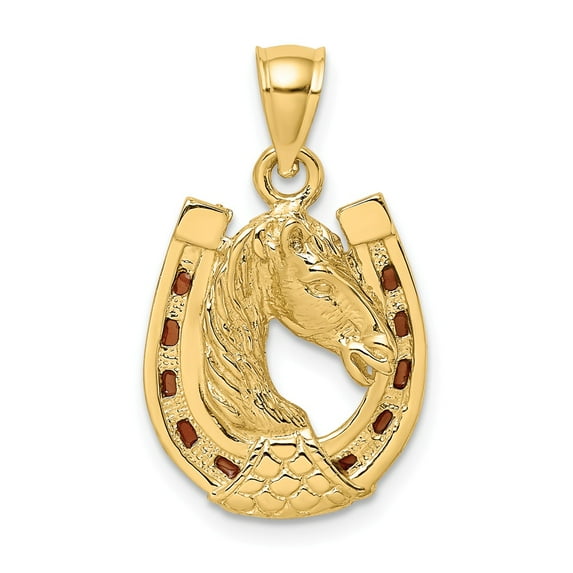 FB Jewels 14K Yellow Gold Horse Head In Horseshoe with Stained Glass Brown Accents Pendant