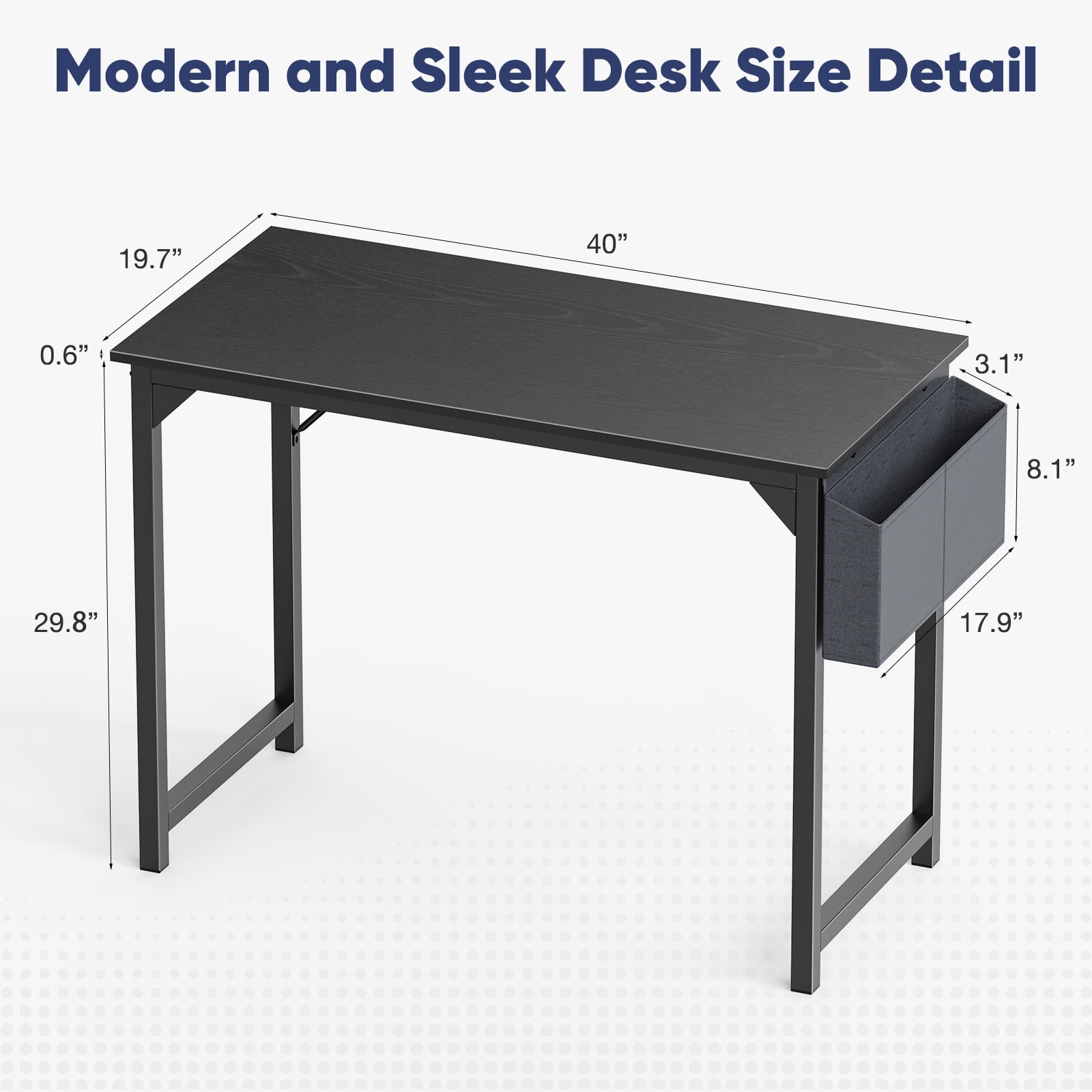 Aidoly 40inch Small Computer Desk Writing Study Work Office Table Modern Simple with Storage Bag and Hook for Home Bedroom, Black