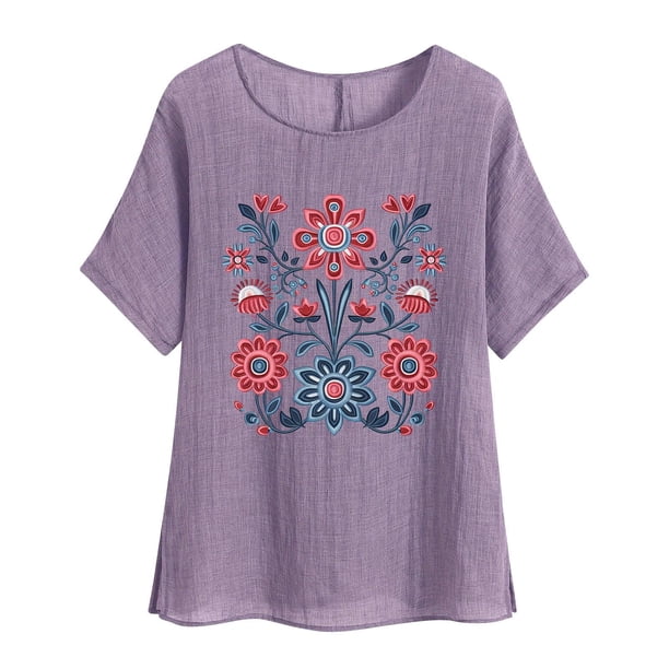 Camiseta de Mujer Camiseta de Manga Corta Impresión Casual Raglan Suelto de Lino Top Blusas, Cuello de la Tripulación