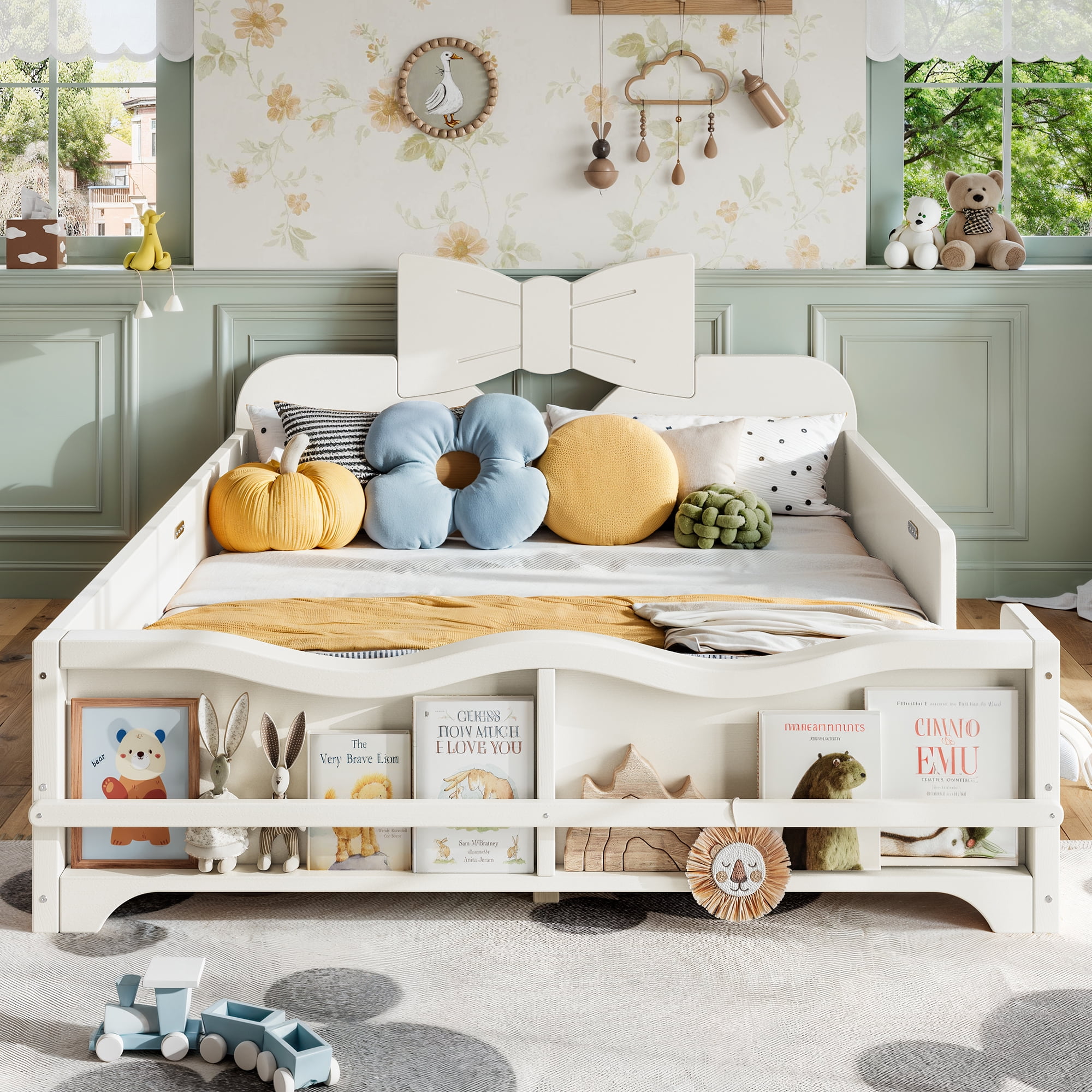 HOQBN Full Size Kids Platform Bed with Surround Guardrails, Cute Bowknot Shaped Headboard & Built-in Side Bookshelf, Wood Finish Floor Bed Beige