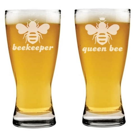 15 oz Beer Pilsner Glass Set of 2 Queen Bee Beekeeper Funny Couple His and Her, Bride and Groom, Wedding, Engagement, Anniversary, Bridal Shower