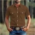 thumbnail image 2 of nerohusy Button Down Linen Shirts for Men Cowboy Work Shirts Pearl Snap Cotton Western T-Shirt Summer Lightweight Casual Blouse with Pockets Brown,L, 2 of 6