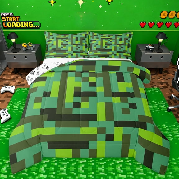 Homewish Female Men Women Pixelated Blocks Miners Bedding Comforter Set 2pcs,Building Blocks Construction Game Twin Comforter Sets Microfiber,Abstract Geometric Plaid Grid Breathable Bedding Set