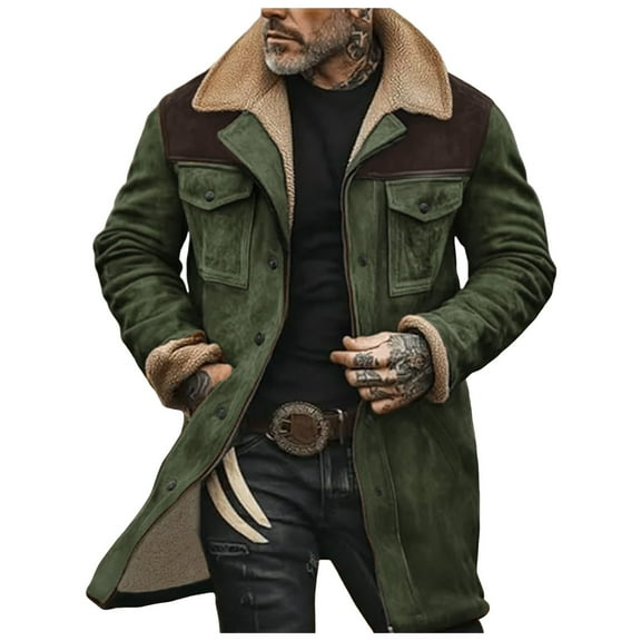 Suede Leather Jacket Men Winter Fur Shearling Duster Coat Retro Leather Fleece Motorcycle Trucker Western Jacket Comfortable Outdoor