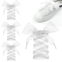 HYG 2 Pairs White Ribbon Shoe Laces Fashion Glitter Shoelaces Flat Snow Yarn Shoelace Elastic Organza Shoe Strings for Girl Women Sneakers Boots