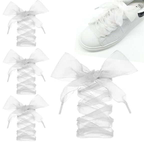 HYG 2 Pairs White Ribbon Shoe Laces Fashion Glitter Shoelaces Flat Snow Yarn Shoelace Elastic Organza Shoe Strings for Girl Women Sneakers Boots