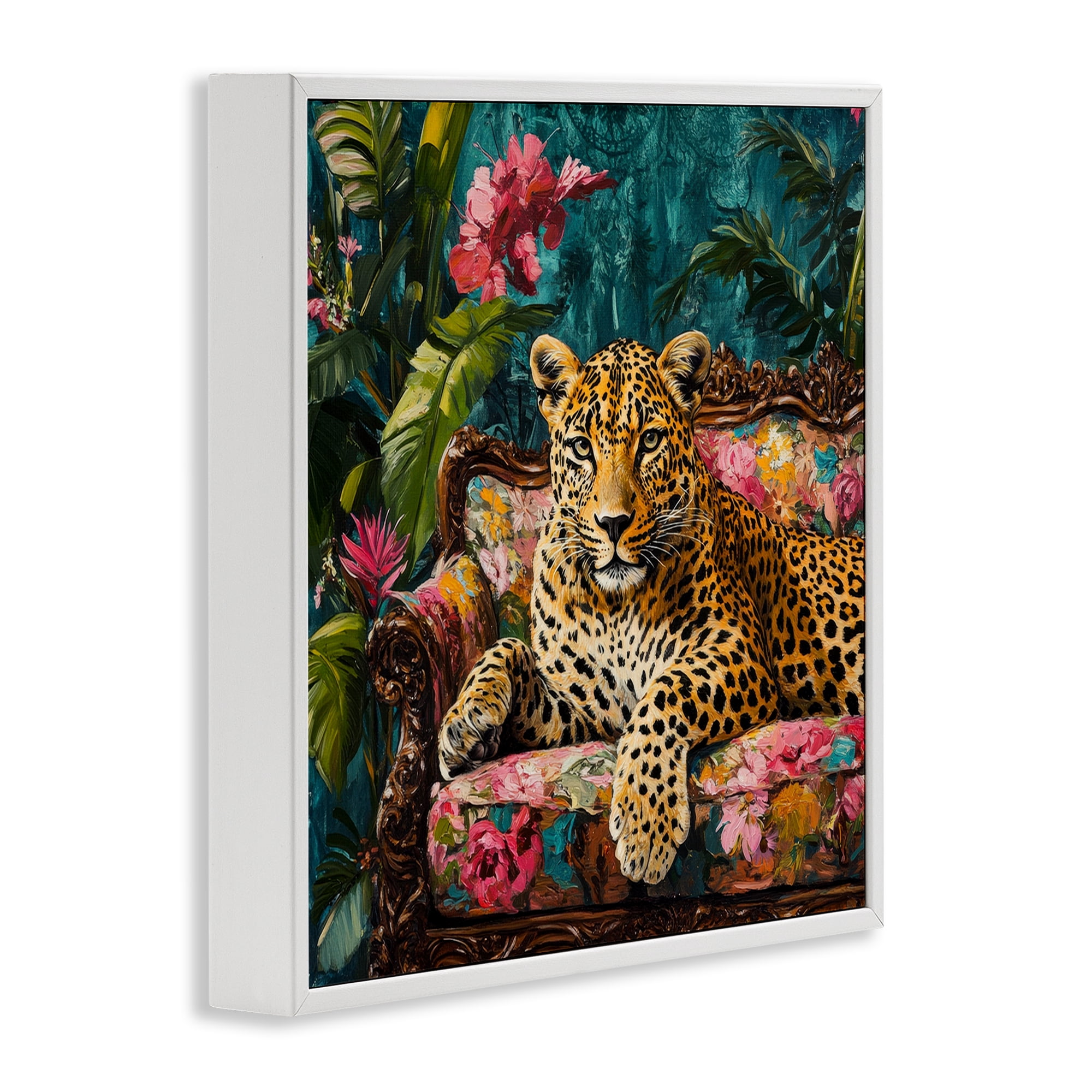 Stupell Industries Fashionable Leopard on Floral Sofa White Framed Giclee Art, design by Petal Prints Design