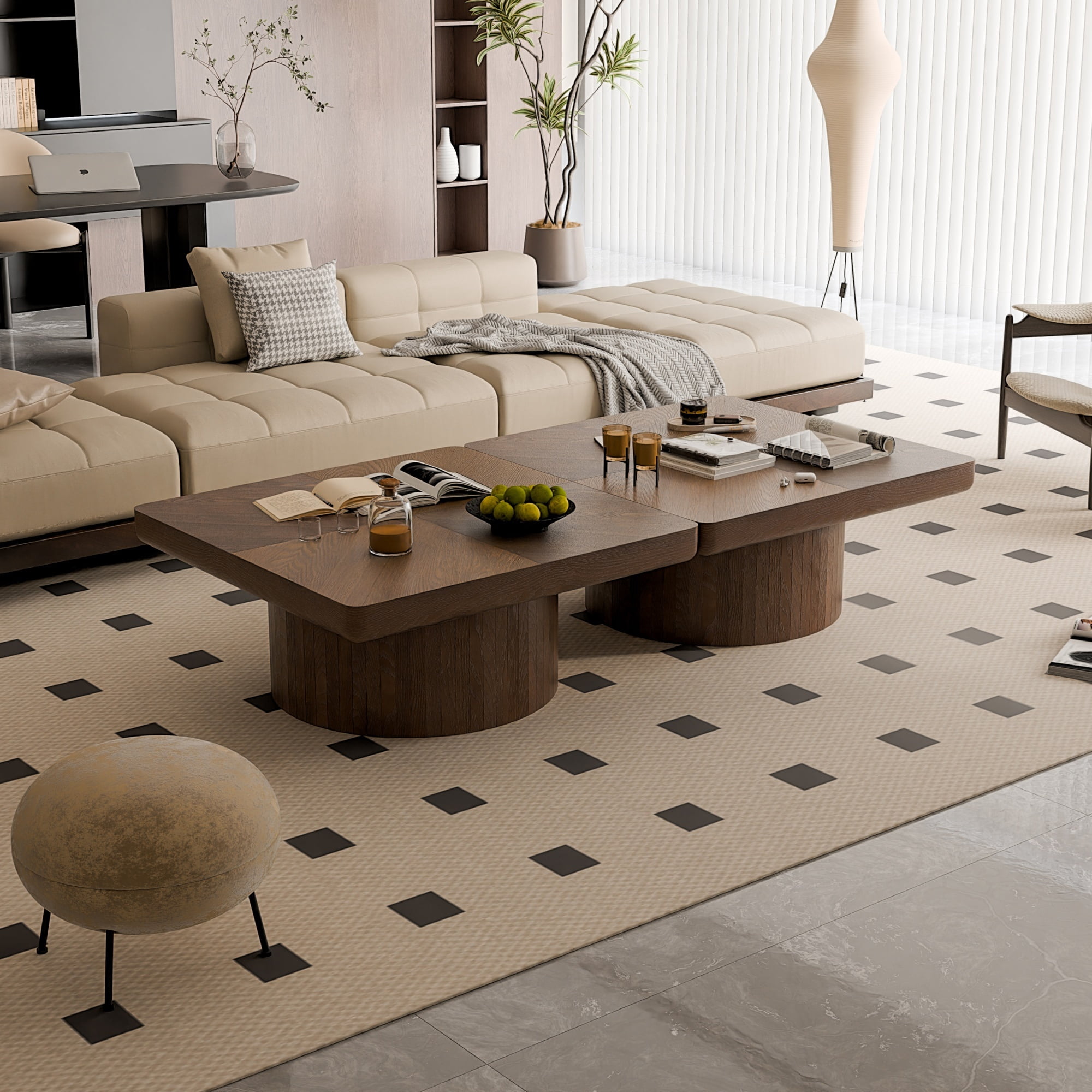 34.6'' Square Coffee Table with Fluted Cylindrical Base, Solid Wood End Table with Thickened Tabletop, Modern Cocktail Table