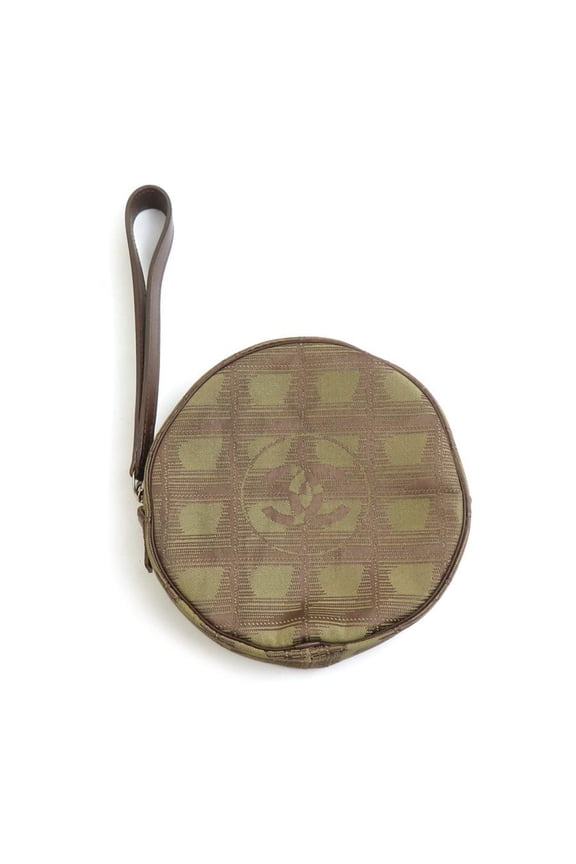 Pre-Owned CHANEL Clutch Bag Pouch New Travel Line Nylon Jacquard Khaki Brown Women's e60499g