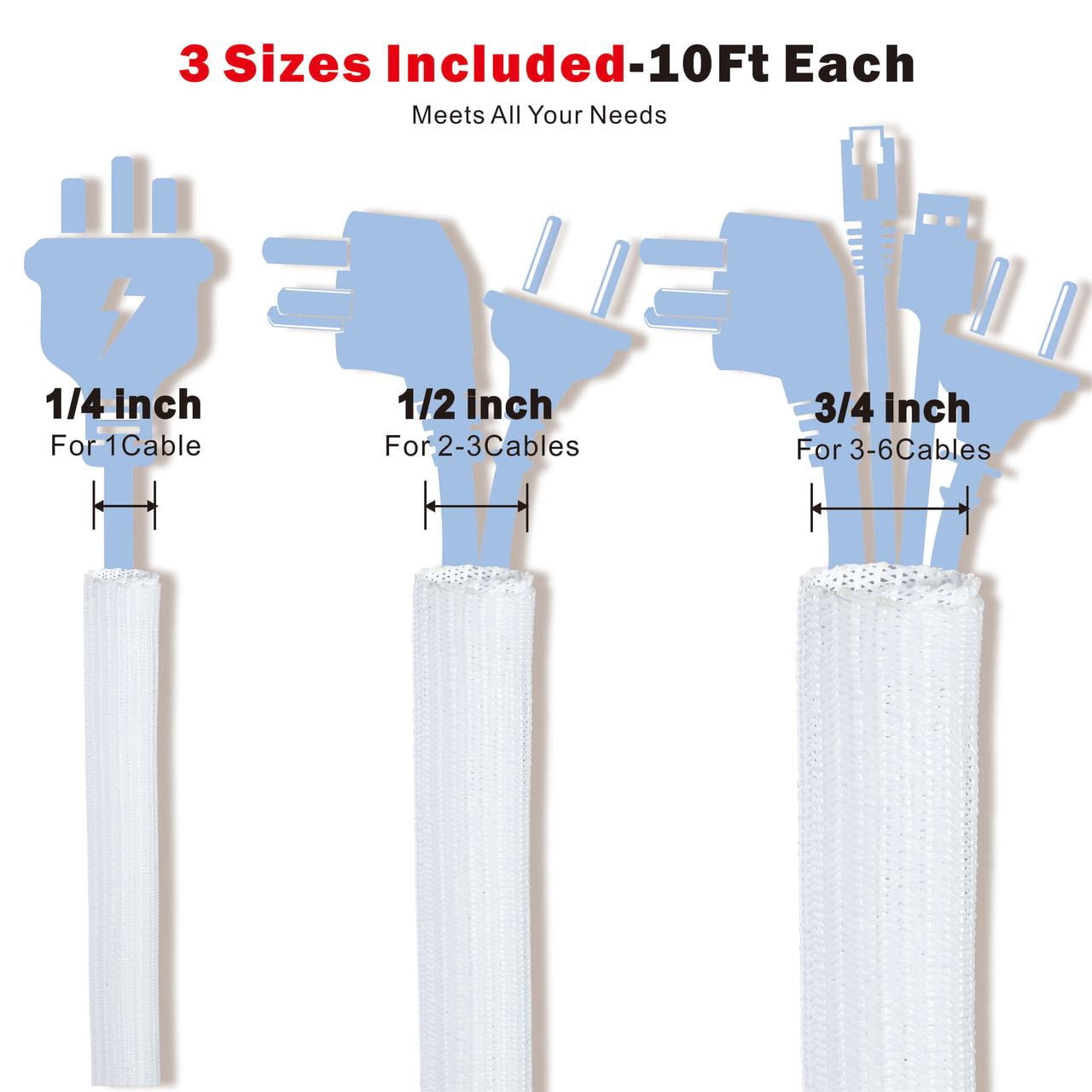 Alex Tech 1/4" 1/2" 3/4" 3-Size Cable Management Cord Organizer Cable Protector Split Sleeve - White