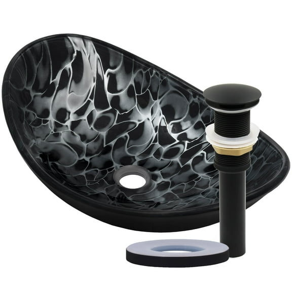 Novatto NOHP-G012-8031MB TARTARUGA Oval Glass Vessel Bath Sink Pop- Up Drain Set, w/ Mounting Ring - Matte Black
