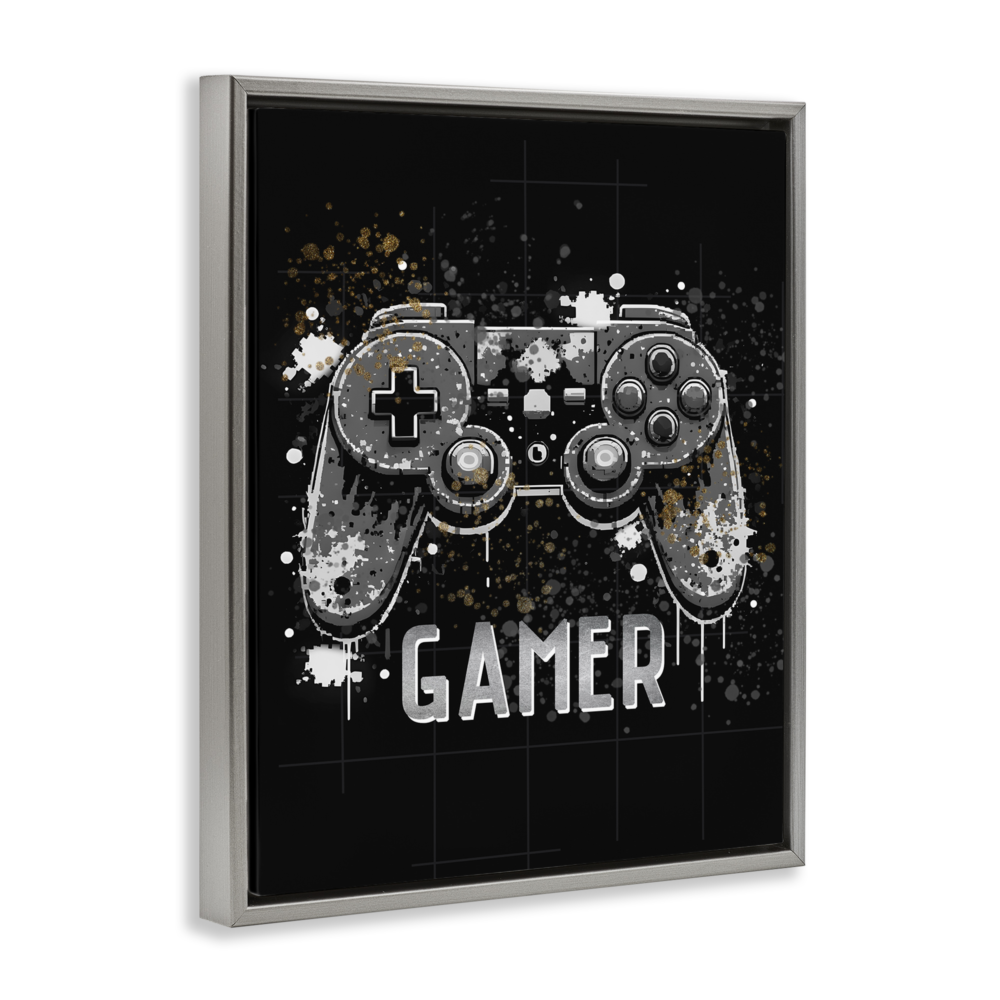 Stupell Industries Gamer with Modern Splash Entertainment Painting Gray Floater Framed Canvas Art Print Wall Art, 25 x 31