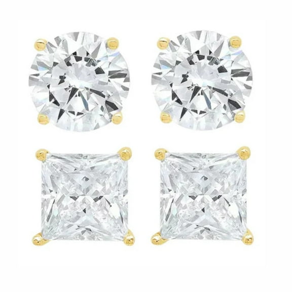 PJ Jewelry 14k Yellow Gold White Diamond 1/4-3ct Round and Princess Stud Earrings, 2 Pair for Women