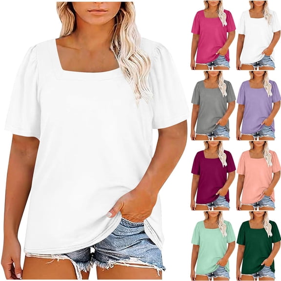 Kinrui Plus Size Summer Tops for Women Casual Square Neck Puff Short Sleeve T Shirts Dark Gray 3XL