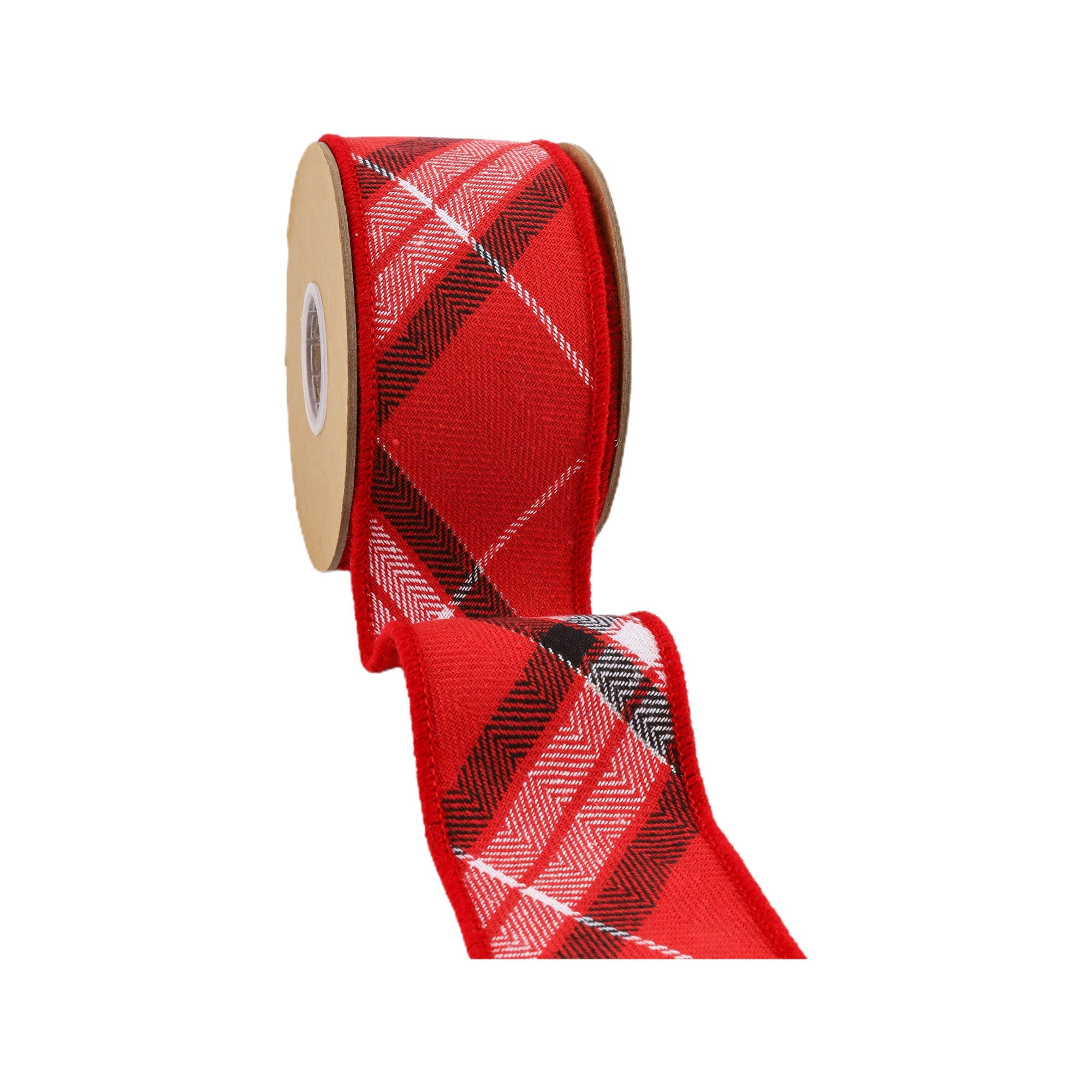 LaRibbons 2 1/2" Wired Ribbon, Plaid Red/White/Black/Silver, 5 Yard Roll