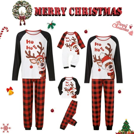 

Family Matching Christmas Pajamas Set Elk Print Tops Plaid Pants Xmas Holiday Loungewear Sleepwear Jammies Pjs Outfit