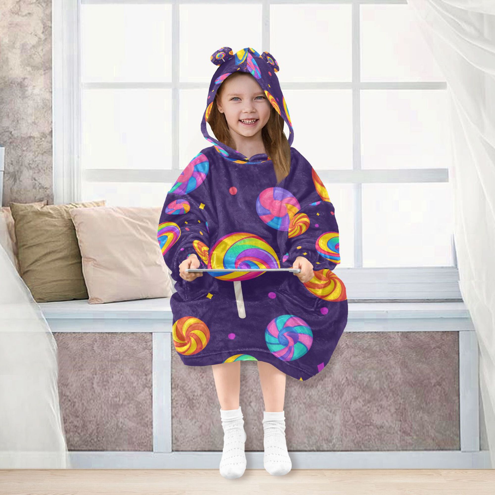 FORMRS Wearable Blanket Hoodie with Sleeves for Kids Cozy Flannel Sweatshirt, Candy Carnival