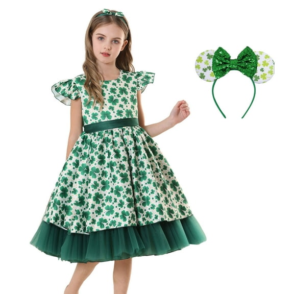 Girl Shamrock Princess Dress St Patricks Day Costume Outfits, Size for 3-8Y