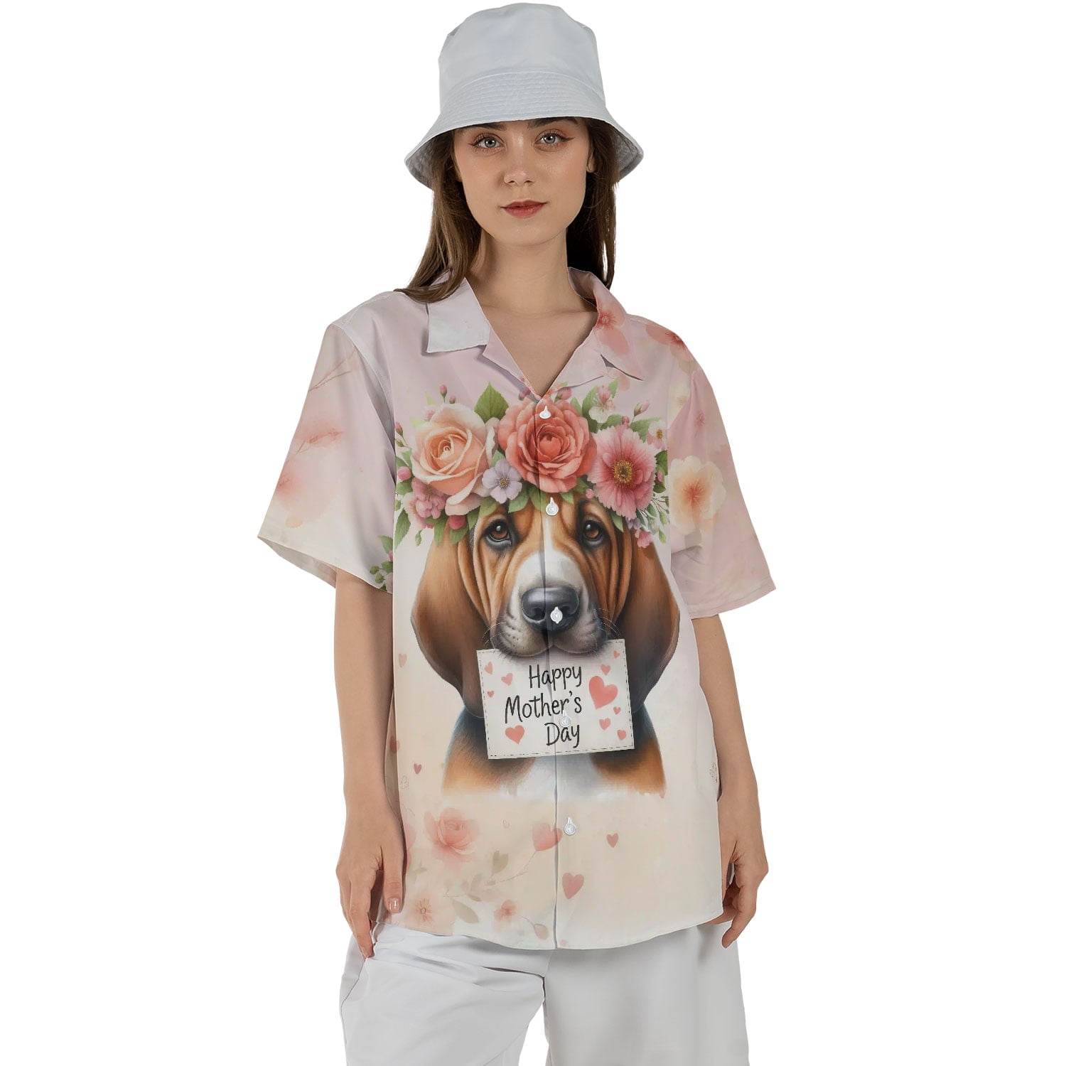 Happy Mother's Day Bloodhound with Flower Crown and Greeting Card Hawaiian Shirt Breathable Summer Unisex Merch Dog Lover - 13004