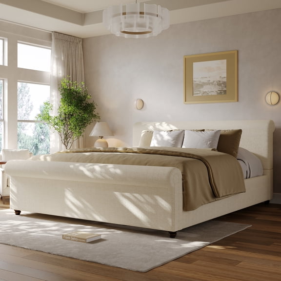 Christopher Knight Home King Upholstered Bed Frame with Linen Fabric, Rolled Headboard, Beige