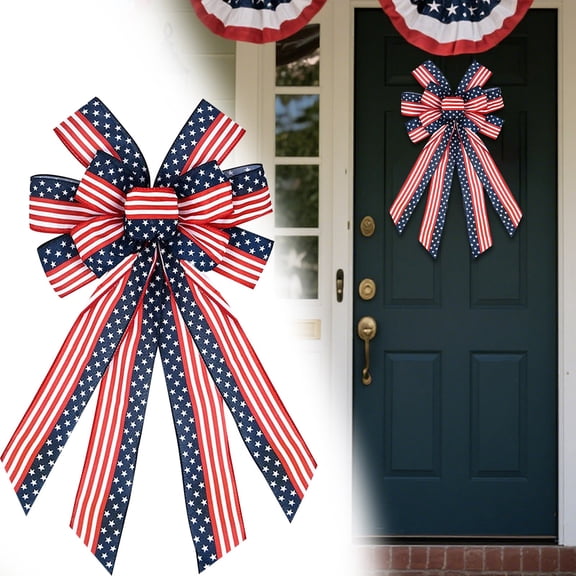 1 PC Large Patriotic Wreath Bows, Patriotic Star and Stripe America Flag Bow for Memorial Day American Flag Wreath Bow for Front Door Indoor Outdoor Labor Day Holiday Party Home Decoration 20 * 11.5"