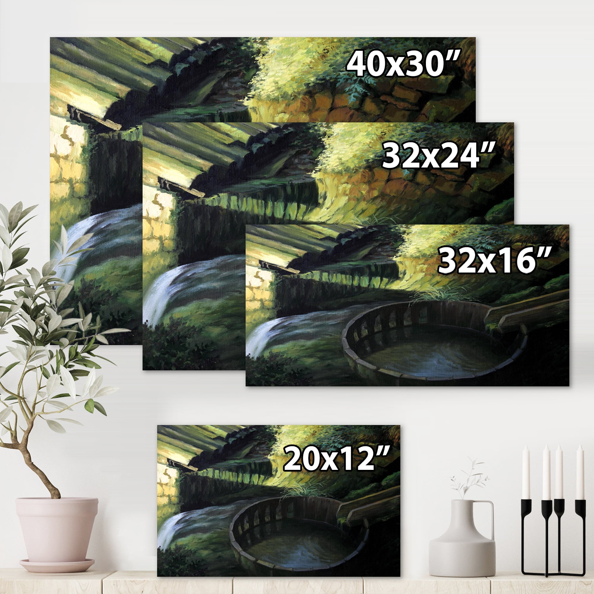 Designart ' Old Watermill In Green Nature Landscape ' Lake House Canvas Wall Art Print