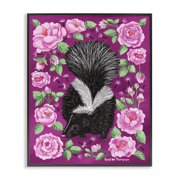 Stupell Industries Bohemian Skunk & Rose Blossoms Black Framed Giclee Art, 11 x 14, by Renee Thompson