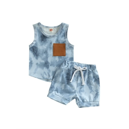 

Wassery Infant Baby Boys Summer Clothes Outfits 6M 12M 18M 24M 3T Toddle Boys Tie-Dye Print Crew Neck Sleeveless Pocket Tank Tops and Shorts 2Pcs Set
