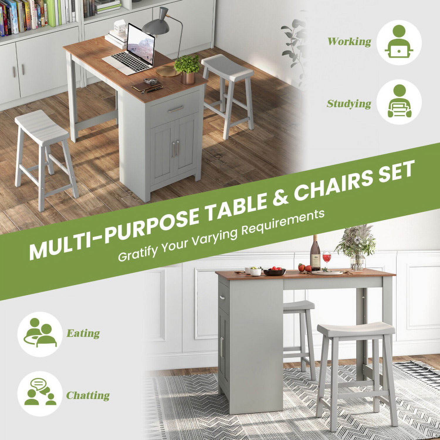 Finihen Dining Set, Dining Table Set, 3-Piece Bar Table Set for 2 with 2 Saddle Stools for Dining Room, for Home, Restaurant, Gray Finihen Dining Set, Dining Table Set, 3-Piece Bar Table Set for 2 with 2 Saddle Stools for Dining Room, for Home, Restaurant, Gray