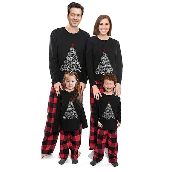 Christmas Family Matching Pajamas Set Letter Print Long Sleeve Tops Plaid Pants Sleepwear