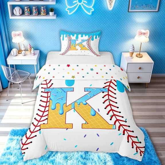 meiyoeat Baseball Letter K Twin Duvet Cover for Boys, Kawaii Ice Cream Drip Twin Bedding, Blue Yellow, Polkadot Reversible, 2 Pieces, 1 Duvet Cover and 1 Pillowcase