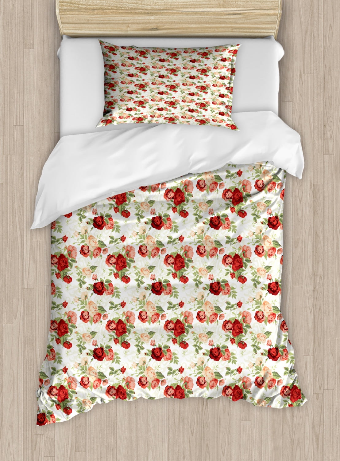Roses Duvet Cover Set Twin Size, Romantic Nostalgic Composition with