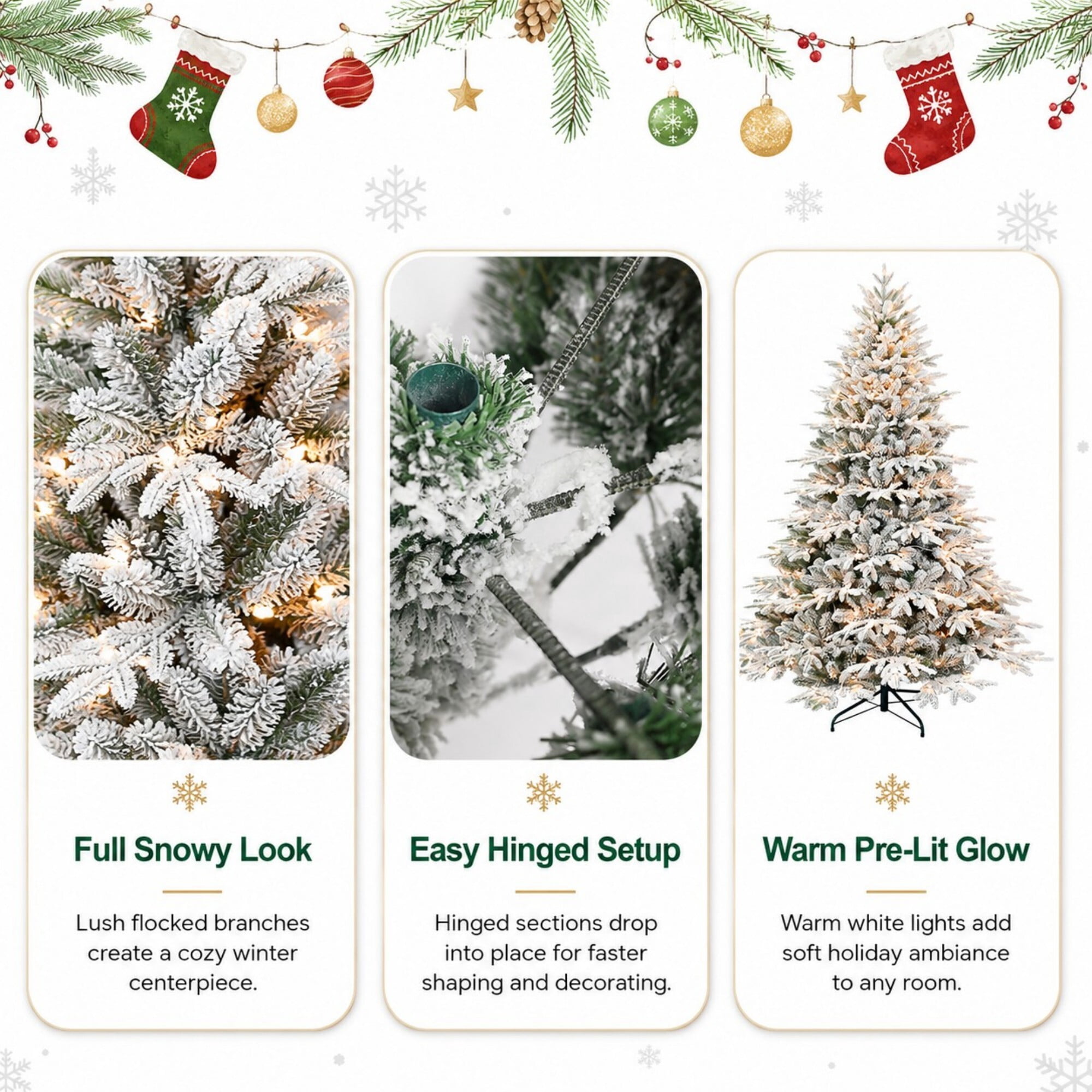 DEALTOPS 7.5ft Pre-Lit Flocked Artificial Christmas Tree, 650 Warm White Lights, 3135 Tips, Foldable Metal Stand