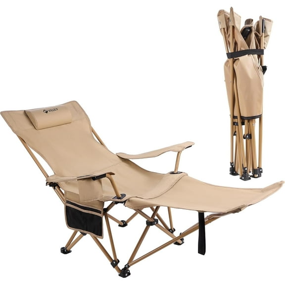 VILLEY Reclining Camping Lounge Chair Adjustable Foldable Chair for Adults with Removable Footrest, Headrest & Storage Bag Supports Up to 330 LBS Beige