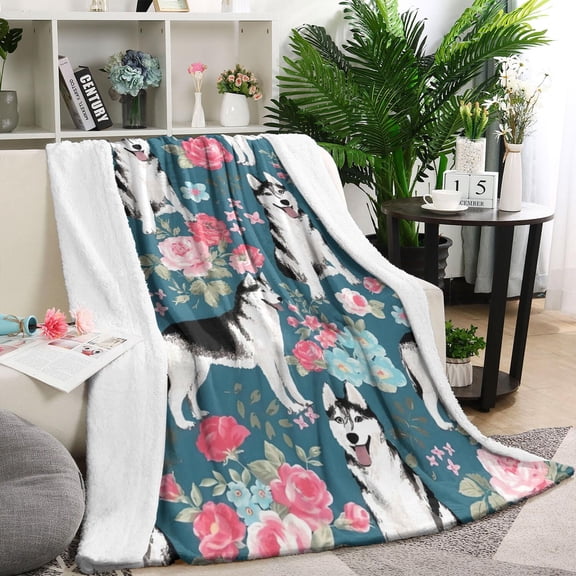 Husky Dog Flower Floral Blanket,Comfortable Soft Lamb Wool Throw Blanket,All Season,Warm Lightweight Blankets for Sofa Bed Couch Living Room Chair,60"x80"