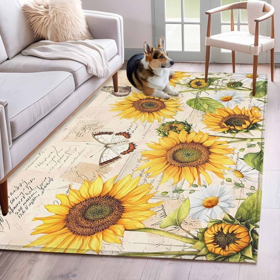 Area Rug for Living Room, Yellow Sunflowers Non-Slip Indoor Large Carpet for Bedroom/Dining Room, Country Farm Butterfly Flower Light Beige Washable Low-Profile Floor Mat Runner Rugs - 2.7 x 5 Ft