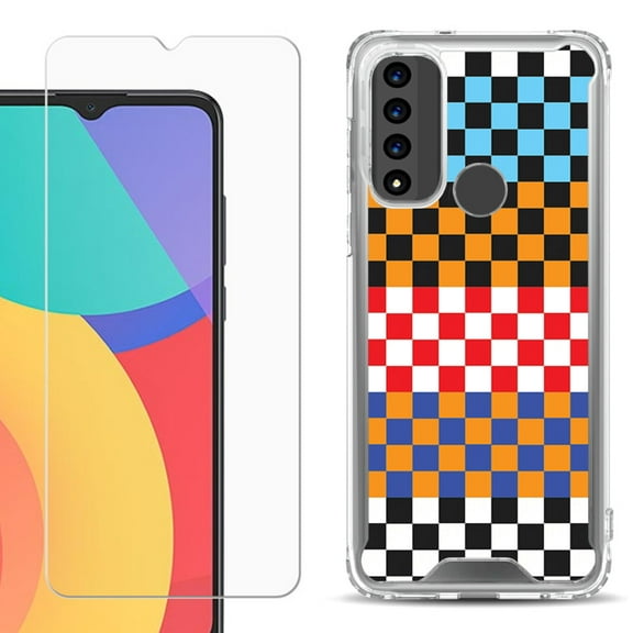 Shockproof Bumper Phone Case for TCL 20 XE, with Tempered Glass Screen Protector, by OneToughShield ® - Colorful Checker