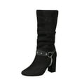 thumbnail image 2 of Fitoron Women's Mid Calf Boots Winter Cowgirls Boots Chunky Heel Suede Buckle Knight Boots Christmas Gift- Black 5.5, 2 of 9