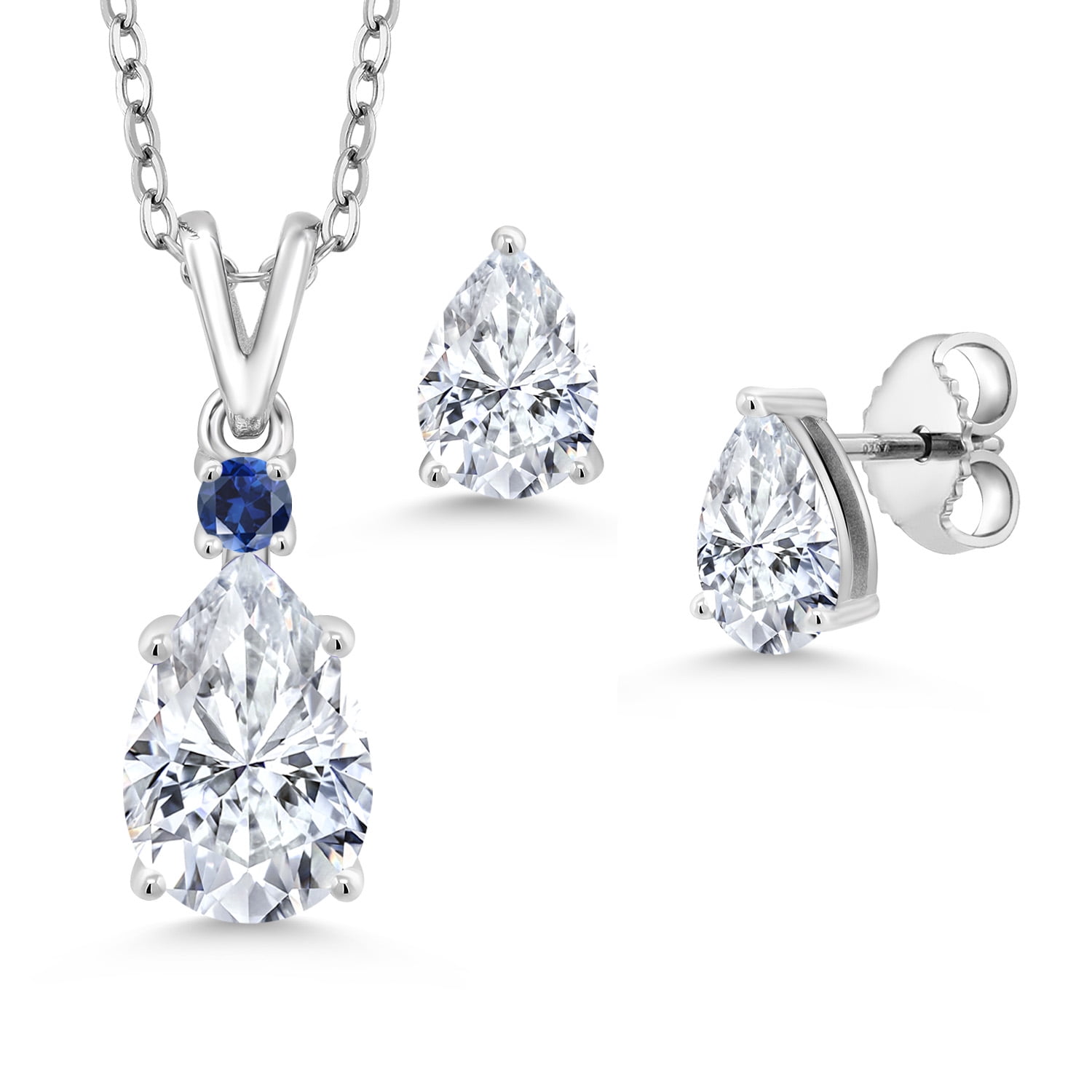 925 Sterling Silver White Moissanite and Blue Created Sapphire Pendant and Earrings Jewelry Set for Women (3.36 Cttw, Gemstone Birthstone, Pear Shape 10X7MM and 7X5MM, with 18 inch Chain)