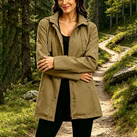 Warop Womens Long Hooded Rain Jacket Solid Casual Waterproof Raincoat Outdoor Hiking Windbreaker Lightweight Trench Coat