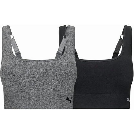 PUMA Womens Comfortable Seamless Sport Bras (Black/Heather Grey, Medium)